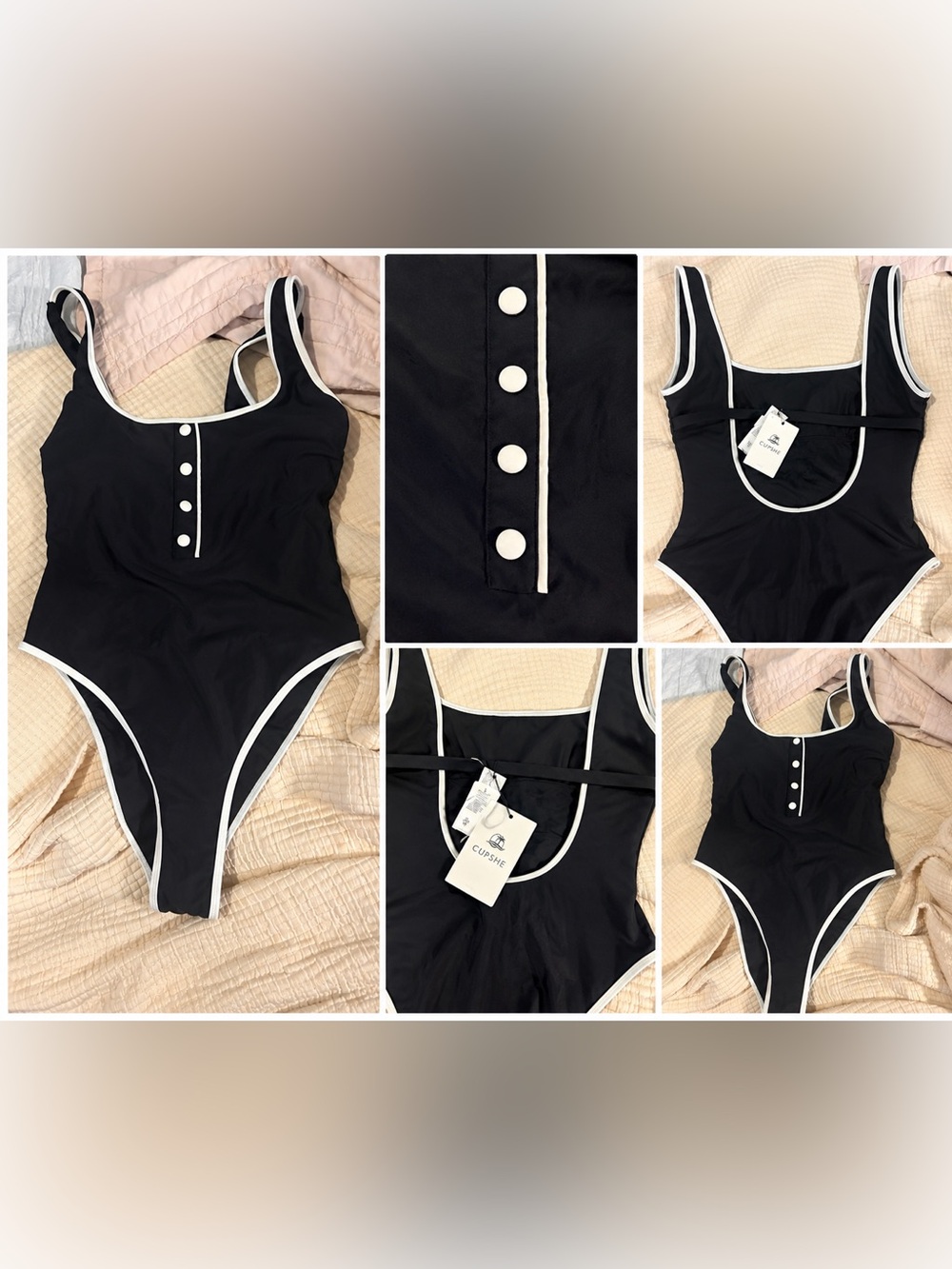 Cupshe NWT Black White Button Front One Piece Swimsuit